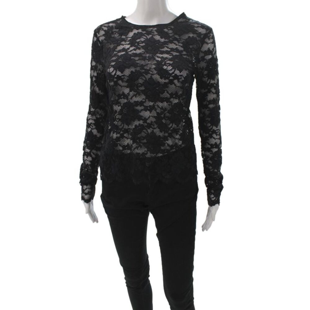 Christian Dior Women Basic Floral Round Neck Long Sleeve Blouse Black Size S